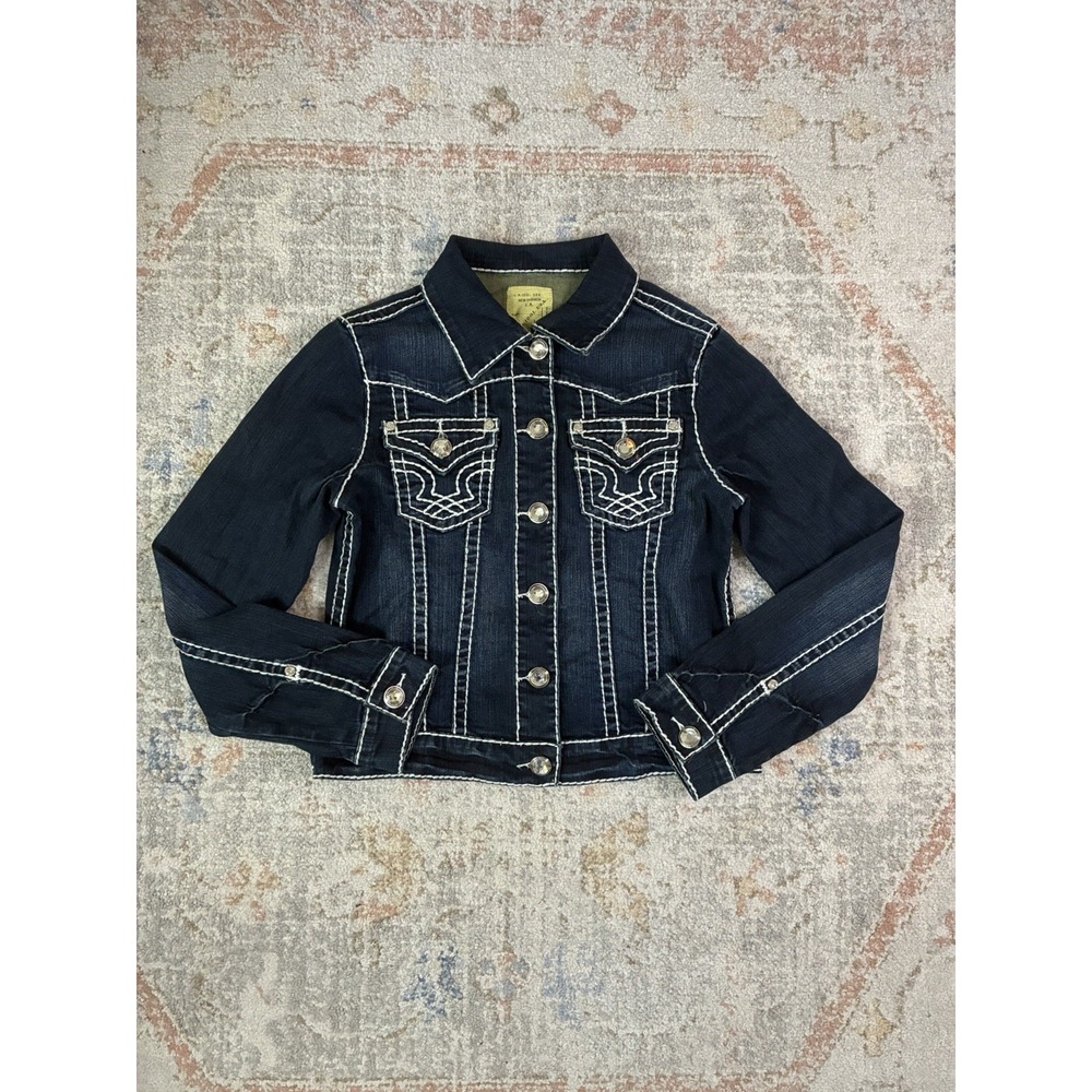 LA Idol USA Denim Jacket L Dark Wash White Thick Contrast Stitch Y2K Bling
